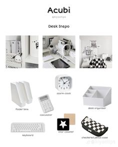 an advertisement for a desk in white with black and white designs on it, including a keyboard