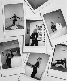 black and white photos of women in different poses on a table with papers around them