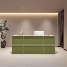 an empty room with a large green cabinet and potted plant in the corner on the far wall