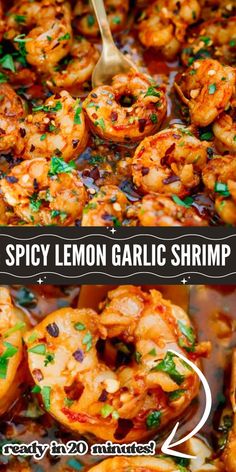 the recipe for spicy lemon garlic shrimp is shown