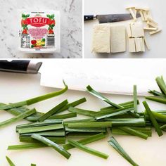 green onions being cut up and placed on a cutting board with a knife next to them