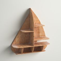 a wooden shelf with three shelves on each side and an upside down shelf in the middle