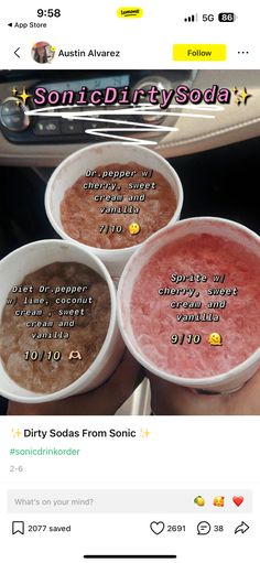 three bowls filled with food sitting on top of a table next to a car dashboard