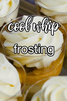 several desserts with frosting in small cups on a tray that says cool whip frosting frosting