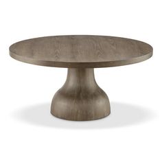 a round wooden table with an oval base and wood grained finish on the top