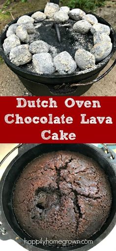 dutch oven chocolate lava cake in a cast iron skillet with the words dutch oven chocolate lava cake