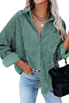 Mint Green Corduroy Long Sleeve Button Up Top – Bombshell Boutique TX Corduroy Blouse, Loose Coats, Corduroy Shirt, Cardigan Style, Oversize Women, Long Sleeve Tops Casual, Oversized Blouse, Collars For Women, Corduroy Jacket