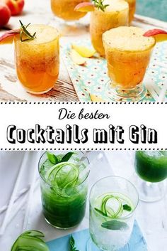 cocktails with green drinks and fruit on the table