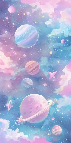 the planets are floating in the sky with stars and clouds on them, as well as some