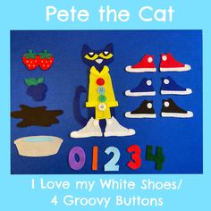 pete the cat cut out from felt with numbers, shoes and hats on blue background