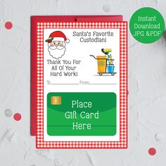 a red and white checkered christmas gift card with santa's favorite custodial