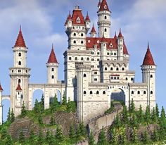 Built with white and red blocks, nice gradient working up and surrounded by tress White Gradient Minecraft, Minecraft White Blocks, Minecraft Castle Gradient, Minecraft Snowy Mountain Castle, Big Castle Minecraft, Minecraft Castle On Mountain, White Castle Minecraft, White Minecraft House, Red Minecraft House