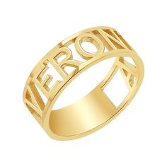 A minimal yet significant way to bring personalized pieces to your ring stack. Our Custom Name Band Ring is the name version of our Roman Numeral Ring. Made to order in 14K solid gold, this ring is 6.5mm wide. We suggest ordering half to full size larger for the best fit. 

Width: 6.5mm
Solid 14K Gold
Lifetime Guarantee
Made in Los Angeles
Recommended: Order 1/2 or full ring size up Custom Gold Rings, Roman Numeral Ring, Industrial Piercing Jewelry, Mom Ring, Ring Stack, Coin Ring, Initial Ring, Roman Numeral, Personalized Rings