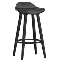 a black stool that is sitting on a white background, with the seat upholstered