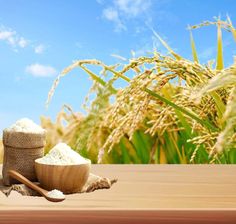 a wooden spoon sitting on top of a table next to a bag filled with rice