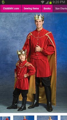 a man and child dressed in red with gold trims standing next to each other