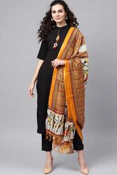 Buy Solid Black Pant Suit Set And Bhagalpuri Multi Colored Dupatta Online - Front Black Kurta Set, Black Kurta, Indian Kurta, Kurta Dress, Pakistani Salwar Kameez, Kurtis With Pants, Kurta With Pants, Cotton Bottoms, Party Wear Dresses