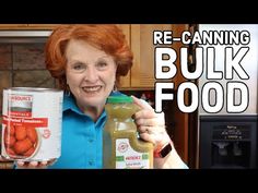 a woman holding two jars of food in front of her face and the words re - canning bulk food