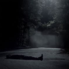 a dead body laying on the ground in front of some trees and light coming from behind it