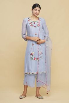 Shop for Desert Shine by Sulochana Jangir Blue Chanderi Silk Embroidered Kurta Set for Women Online at Aza Fashions Sheer Dupatta, Kurta Set For Women, Embroidered Motifs, A Line Kurta, Blue Sheers, Anarkali Dress, Embroidered Clothes, Kurta Set, Embroidered Silk