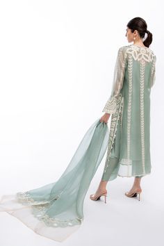 Layan (B) Cotton Silk Kurta With Sheer Dupatta For Wedding, Reception Cotton Silk Dupatta With Chikankari Embroidery, Cotton Silk Wedding Kurta With Sheer Dupatta, Wedding Kurta With Sheer Dupatta In Cotton Silk, Elegant Embroidered Cotton Silk Churidar, Formal Green Salwar Kameez With Sheer Dupatta, Lawn Suit With Chikankari Embroidery For Reception, Elegant Pista Green Cotton Silk Kurta, Reception Kurta With Sheer Dupatta