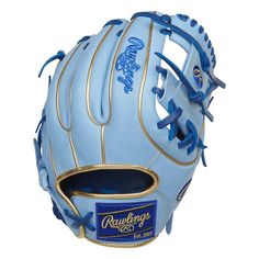 a rawling's baseball glove is shown in blue and gold with the logo rawling's on it