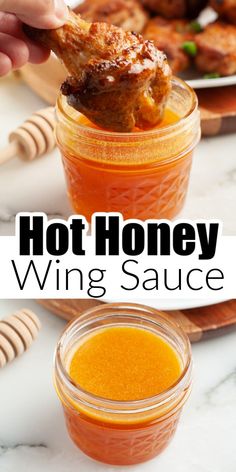 hot honey wing sauce in a glass jar with chicken wings on top and the words, hot honey wing sauce above it