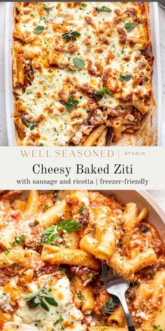 a dish with pasta, cheese and sauce in it next to the words well seasoned baked ziti