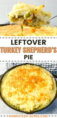 the leftover turkey shepherd's pie is in a cast iron skillet and has been