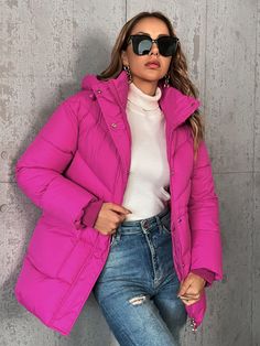 Hot Pink Puffer Coat, Hot Pink Puffer Jacket Outfit, Puff Jacket Outfit, Parka Jacket Outfit, Pink Coats For Women, Pink Parka