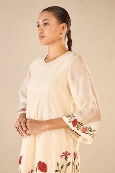 Ivory chanderi kurta with floral vine thread embroidered motifs and pintuck bodice. Comes with matching pant and dupatta. - Aza Fashions Kurta And Dupatta, Kurta Patterns, Kurta For Women, Embroidered Motifs, Kurta With Pants, Floral Vine, Pants Pattern, Modern Bride, Pant Set