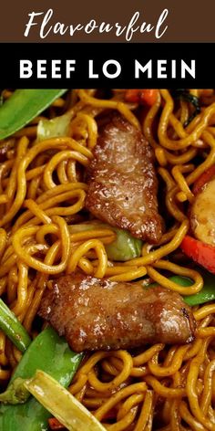 beef lo mein with noodles and vegetables on a plate