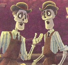 two skeletons dressed in costumes standing next to each other, one holding a knife and the other pointing at something