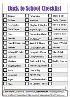 the back to school checklist is shown in purple and black, with text on it