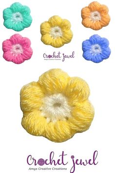 crochet flower is shown in different colors and sizes, with the words crochet jewel on it