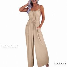 Lasaky - Loose Fit Sleeveless Jumpsuit with Wide Leg Pants for Casual Wear Overalls Casual, Solid Color Jumpsuits, Fitted Jumpsuit, Backless Jumpsuit, Knit Jumpsuit, Sleeveless Jumpsuits, Straight Pants, Straight Leg Pants, High Waisted Pants