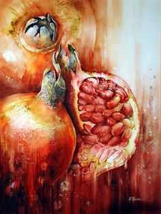 a painting of pomegranates on a brown background