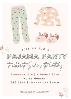 a pink and green birthday party with pajamas, shoes and bunny ears on the front