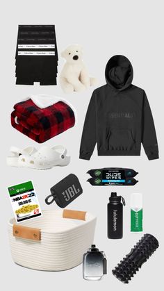 an assortment of items that include a hoodie, scarf, and other items to be used