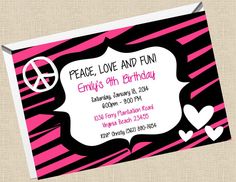 peace, love and fun birthday party card with pink zebra print on the front side