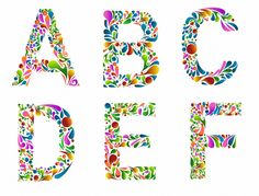 the letters are made up of colorful flowers and leaves, all in different colors on a white background