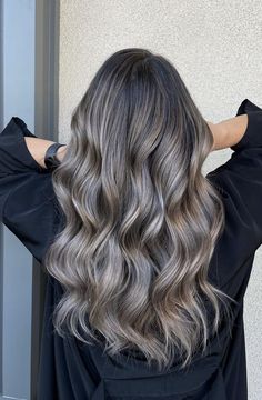 Hair Inspiration Color Highlights, Dark Brown Hair With Ashy Balayage, Ashy Brunette Balayage, Black Hair With Ash Highlights, Mushroom Balayage Brunette, Ash Grey Balayage, Mushroom Balayage, Ash Blonde Highlights On Dark Hair, Carmel Brown Hair