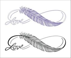 two different colored feathers with the word love written on them in cursive writing