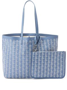 powder blue cotton open top two long top handles monogram pattern logo patch to the front main compartment removable pouch Modern Blue Cotton Bags, Modern Light Blue Tote Bag, Lacoste Bag, Pattern Logo, Monogram Pattern, Chanel 2, Iconic Bags, Loafer Mules, Demi Fine Jewelry