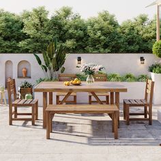 a wooden table sitting on top of a patio