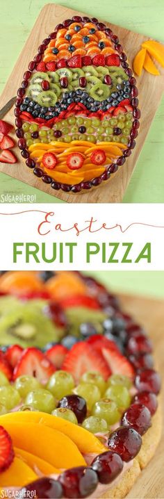 a fruit pizza on a cutting board with the words easy to make and instructions below