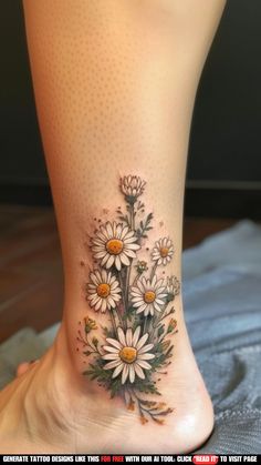 a woman's foot with daisies and dots on the bottom part of her leg