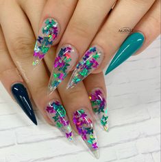 Stiletto nails, long nails, glitter nails, butterfly nails, teal nails, gel nails Teal Nails Gel, Butterfly Nails Acrylics Long, Long Nails Glitter, Butterflies Nails Acrylics, Nails Teal, Nails Butterfly, Teal Nails