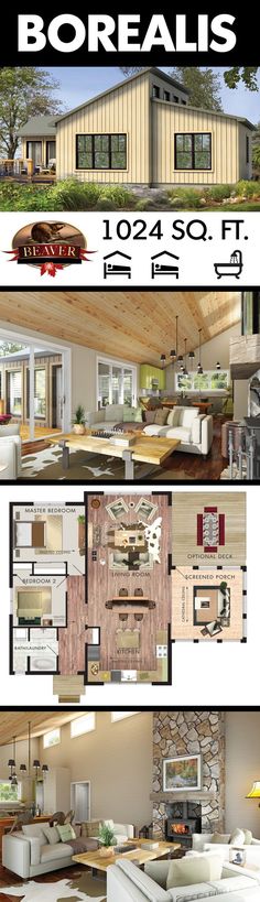 the floor plan for this modern house is shown in three different sections, including one bedroom and