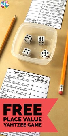 the free place value yahtee game is shown with pencils and two pieces of dice